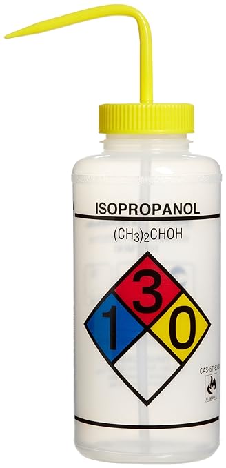 SP Bel-Art Safety-Labeled 4-Color Isopropanol Wide-Mouth Wash Bottles; 1000ml (32oz), Polyethylene w/Yellow Polypropylene Cap (Pack of 4) (F11732-0008)