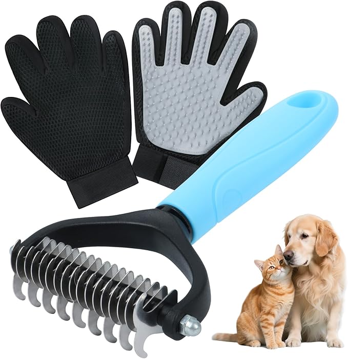 ZQJKLE Cat & Dog Grooming Gloves for Shedding Brushes 1 Pair and Pet Grooming Rake 1PC, Double Sided Dematting, Deshedding Brush & Massage, Safe for Dogs & Cats