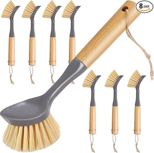 Mimorou 8 Pieces Kitchen Dish Brush with Bamboo Handle Scrub Brush Built in Scraper Dish Scrubber for Pans, Kitchen Sink Cleaning, Dishwashing