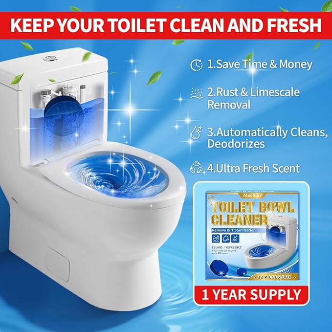 Maebho Automatic Toilet Bowl Cleaner Tablets,Blue Gel In-Tank Cleaner, Removes Hard Water Rings & Stains, Septic Safe, Cleaning & Deodorize, Fresh Scent, 12-Pack,50g Each