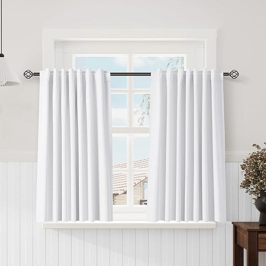 Nanspring White 100% Blackout Kitchen Curtains, Back Tab Rod Pocket Thermal Insulated Textured Short Blackout Curtains 2 Panels Set 52x54 Pure White