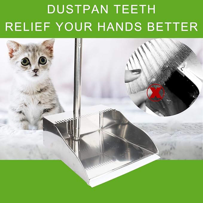 Metal Dustpan Long Handle Stainless Steel Dustpan,Heavy Duty Standing Dust Pan with Teeth, Indoor Outdoor Up for Home Kitchen Lobby Room Office
