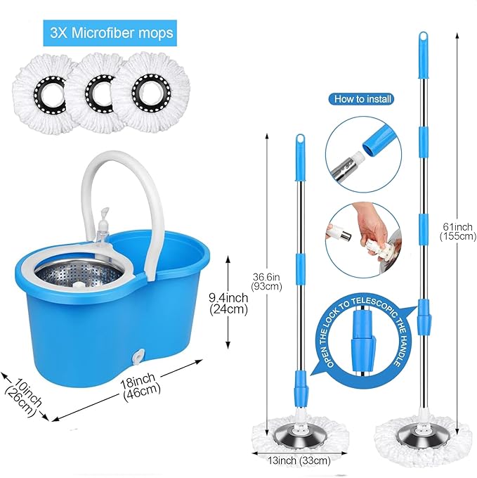 Spin Mop and Bucket with Wringer Set, 360° Spinning Mop Bucket System with 3 Microfiber Mop Replacement Heads Refills,56" Stainless Steel Extended Handle for Floor Cleaning Home(20QT) (Green) (Blue)