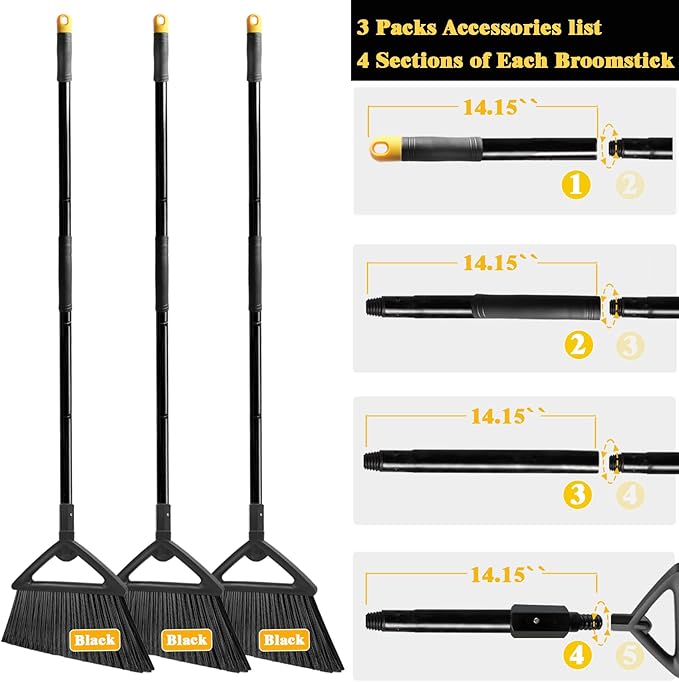 PUTNATRUE Heavy Duty Commercial Broom, 3 Pack Upgraded Angle Brooms for Sweeping Outdoor and Indoor, Perfect Black Brooms of House, Kitchen, Garage, Courtyard, Concrete