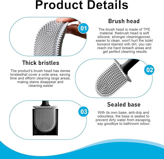 Toilet Bowl Brush and Holder Set, Flexible Silicone Bristles with Detachable Handle, Compact RV and Bathroom Toilet Brush (4 Black)