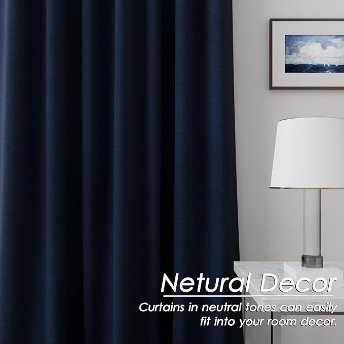 100% Blackout Linen Curtains 105 Inches Long 2 Panels for Bedroom Back Tab Pinch Pleated Black Out Curtains Modern Noise Cancelling Total Light Blocking Window Curtain 105 Inch Length Navy Blue