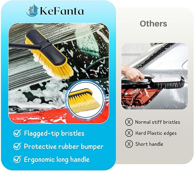 KeFanta Car Wash Brush with Long Handle, 55'' Vehicles Exterior Washing Supplies, Soft Bristle Scrub Broom for Solar Panel, Boat, RV, Truck, Deck Cleaning, 2 Wax Applicator Pads Included