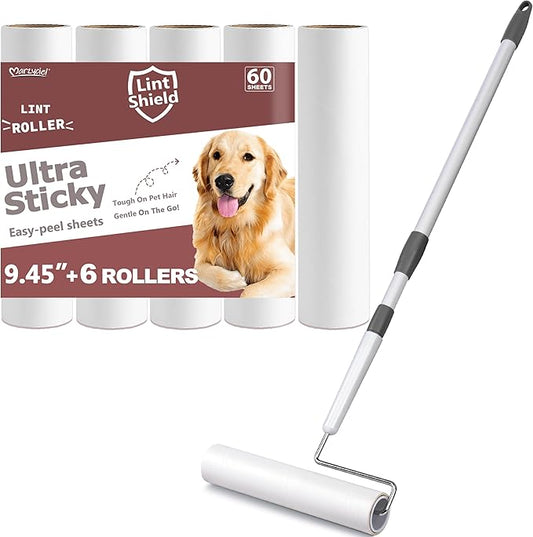 Large Lint Rollers for Pet Hair Extra Sticky, 9.45'' Long Handled Giant Lint Roller,6 Replaceable Rolls for Cleaning Carpets, Clothing, Couch, Furniture Wall Cleaner Mop Dust Remover