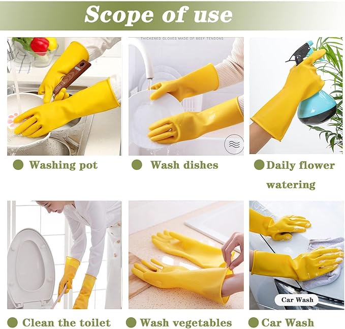 8 Pairs Reusable Household Cleaning Gloves, Rubber Kitchen Dishwashing Gloves,Extra Thickness, Long Sleeves, for Washing Dishes, Pet Care(X-Large, Yellow)