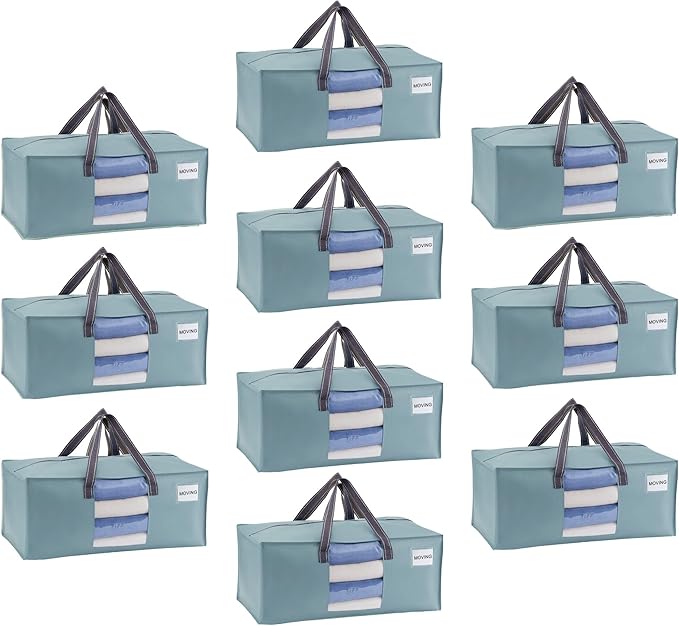 VENO 10 Pack Moving Bags for College, Heavy-Duty Storage Totes, Moving Boxes and Wardrobe Packing Supplies Alternative - Extra Large Durable Laundry Bags for Clothes (Light Blue Matte, 10 Pack)