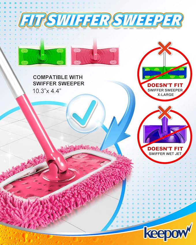 KEEPOW Pink Reusable Dry Sweeping Cloths Microfiber Wet Mop Pads Compatible with Swiffer Sweeper Mop Replacement Sweeping Mopping pad Refills for Hardwood Surface Floor Cleaning (6PCS)