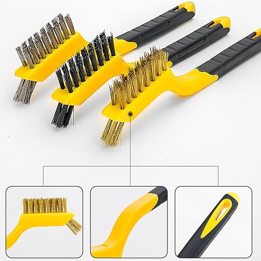 Wire Brush Set 3Pcs, Nylon/Brass/Stainless Steel Bristles with Curved Handle Grip for Cleaning with Curved Handle Grip for Rust Removal, Dirt, Paint Scrubbing Yellow