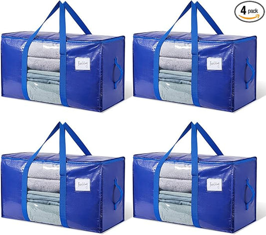 Extra Large Moving Bags, 4 Pack Heavy Duty Packing Bags for Moving, Totes For Storage with Visible Window and Wrap Around Handles, Moving Supplies for Space Saving