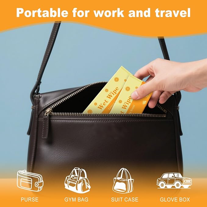 Hand Wipes Travel Size, 50 Pcs Wet Wipes Individually Wrapped for Barbecue, Seafood Boil Party, Restaurant, Lemon Scent