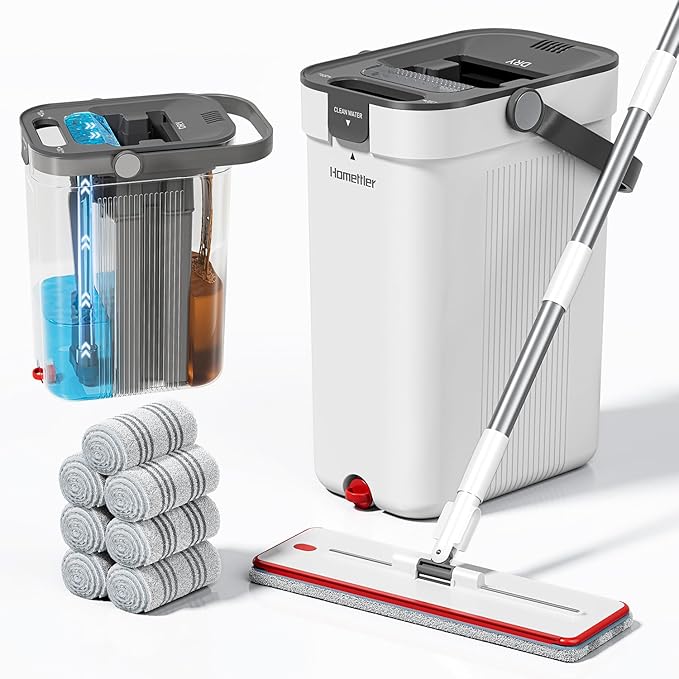HoMettler Mop and Bucket Set, Flat Mop and Bucket System with Separate Dirty and Clean Water, 3-Compartment Wall Cleaner Mop, Flat Mops for Floor Cleaning with 8 Microfiber Pads