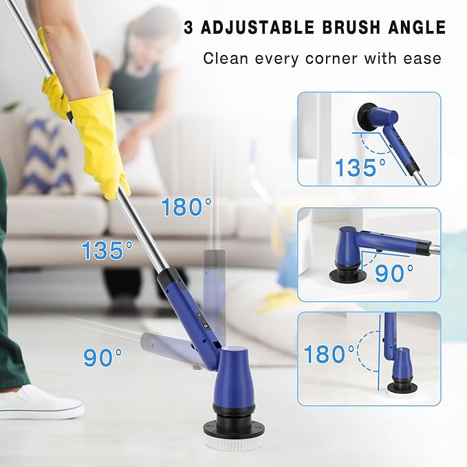 Electric Spin Scrubber Cordless Bathroom Scrubber with Adjustable Long Handle, 2 Speeds Power Cleaning Brush with 7 Replaceable Brush Heads for Bathtub, Tile, Floor (Blue)