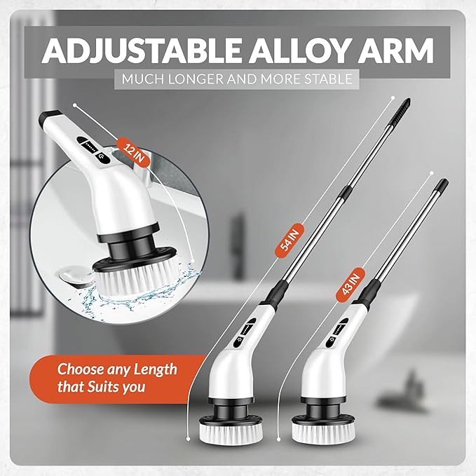 Electric Spin Scrubber-13in1 Cordless Electric Cleaning Brush-9 Replaceable Brush Heads-2 Speeds Shower Scrubber-3 Adjustable Size Handle-IPX7 Waterproof Bathroom Cleaner,Crevice Brush,Tile,Walls,Tub