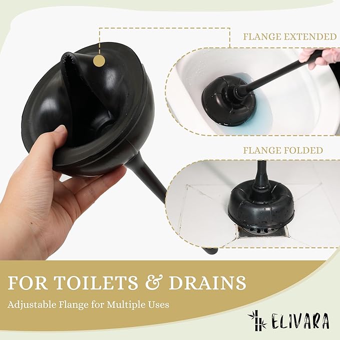 ELIVARA Toilet Plunger and Bowl Brush Combo with Dual-Compartment Holder – Heavy Duty Suction, Ergonomic Handles, Anti-Splash, Sleek Compact Design (Black)