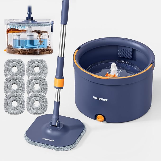HoMettler Spin Mop and Bucket Set, Mop Bucket with Separate Dirty Water System, Deep-Cleaning Mops for Floors/Wall, Versatile Mops with 6 Microfiber Mop Pads