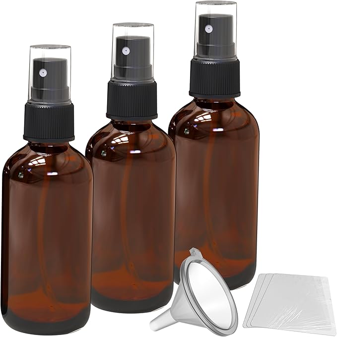 Nevlers 4 Oz Amber Glass Spray Bottles 3 Pack | Small Glass Spray Bottle Set with Shrink Wraps and Funnel | Leakproof Oil Spray Bottle and Spritzer Bottles for Hair, Body, & More
