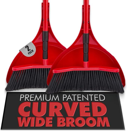 Da Vinci Curved Angle Broom & Dustpan Combo Pack (2) - Heavy Duty Broom for Indoor/Outdoor Sweeping, Steel Telescopic Handle, Durable PVC Bristles, Ideal for Pet Hair, Dust, Kitchen & Rough Surfaces