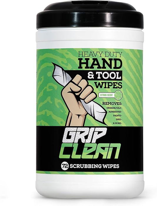 Grip Clean Heavy Duty Hand & Tool Cleaning Wipes – Waterless Hand Cleaner for Mechanics, Garage & Shop Use – Dual-Sided Grease, Oil & Paint Remover Wipes with Citrus Scent - 72ct
