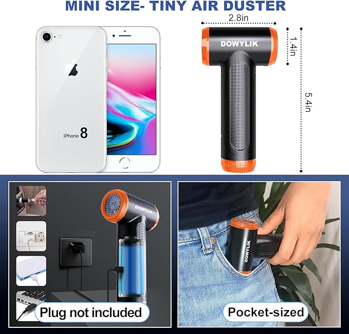 DOWYLIK Compressed Air Duster - 150000RPM Brushless Motor, Mini Air Blower for PC Cleaning Kit, Canned Air Duster for Computers, Rechargeable & Portable Compressed Air for Electronics