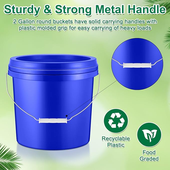 Tioncy 10 Pcs 2 Gallon Plastic Bucket with Lid Heavy Duty 2 Gallon Bucket Pail with Lid Handle for Storage Container Home Household Cleaning(Blue)