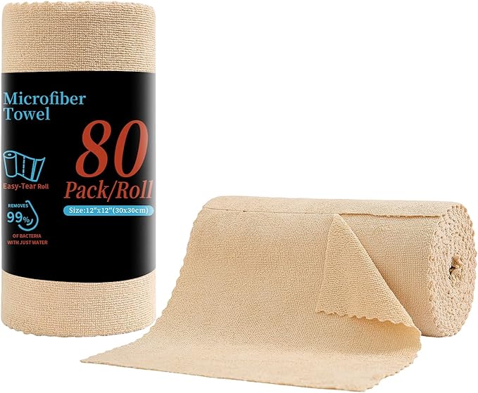 Tigona 80 Pack Microfiber Cleaning Cloth Roll,Lint Free Rags & Tear Away Reusable Towels Washable Scratch,Ultra Absorbent Dish Rags(12" x 12") for Car Kitchen Home Garage-Apricot Yellow