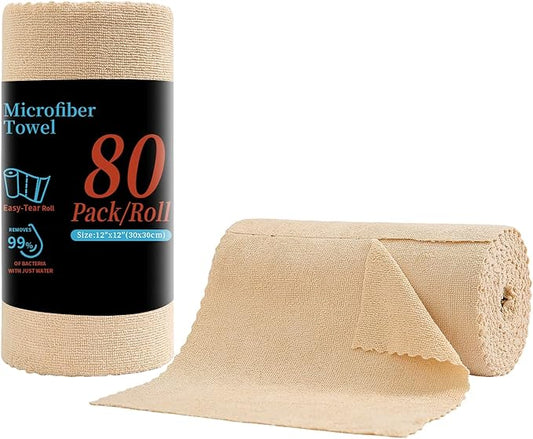 Tigona 80 Pack Microfiber Cleaning Cloth Roll,Lint Free Rags & Tear Away Reusable Towels Washable Scratch,Ultra Absorbent Dish Rags(12" x 12") for Car Kitchen Home Garage-Apricot Yellow