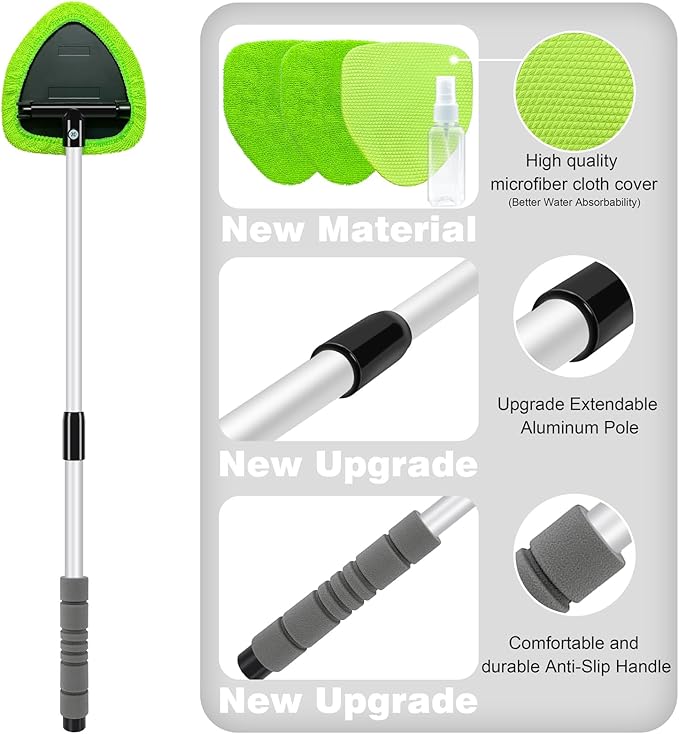 XINDELL Windshield Cleaning Combo – 29" Large-Head Window Cleaner Tool with Extendable Handle & 4 Microfiber Pads + 5-Pack Replacement Triangular Covers for Interior/Exterior Auto Glass, Streak-Free C