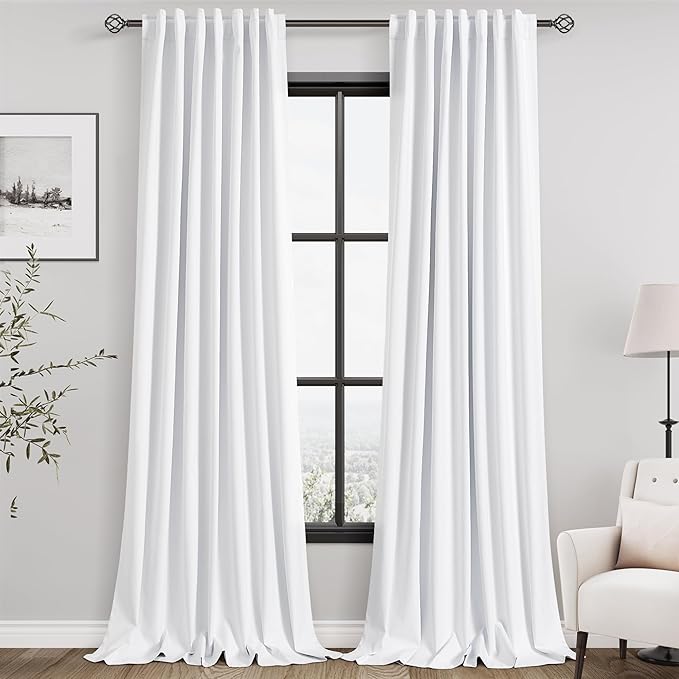 Nanspring White Linen Blackout Curtains, 132 inch Length Back Tab Rod Pocket Thermal Insulated Textured Living Room Blackout Curtains 2 Panels Set 52x132 Pure White