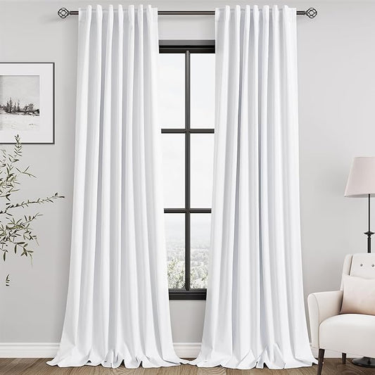 White Linen Blackout Curtains, 120 Inch Length 2 Panels Set Burg Extra Long 10 Ft Back Tab Pocket Drapes Cotton Textured Total Sun Blocking Curtains for Living Room Cottage High Window Pure White