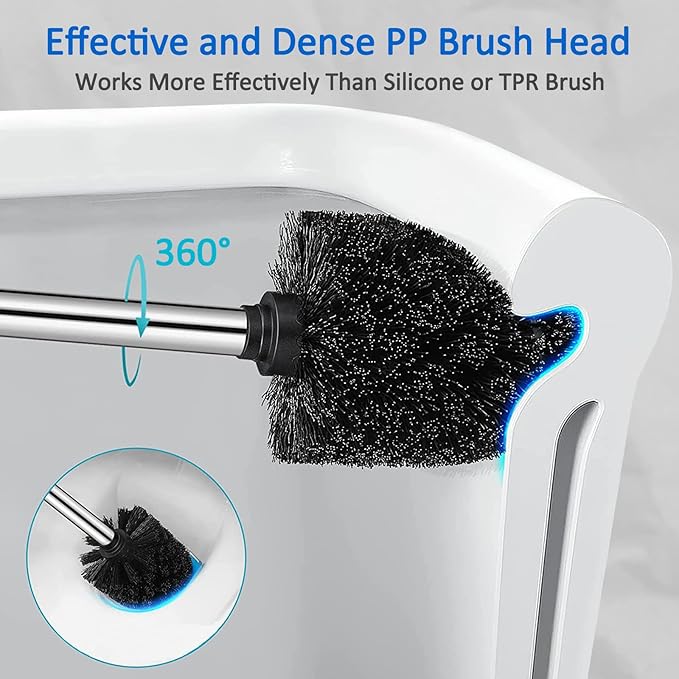 Leadfun Toilet Bowl Brush and Holder, Toilet Brush with Stainless Steel Handle and Durable Bristles for Bathroom Cleaning, Automatic Closing Holder Set (Black)