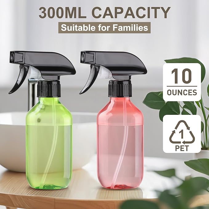 Bynccea Plastic Spray Bottles 2 Packs - 10 oz/300 ml Empty Water Spray Bottles - BPA Free Plastic Refillable Containers for Hair, Gardening, Plants