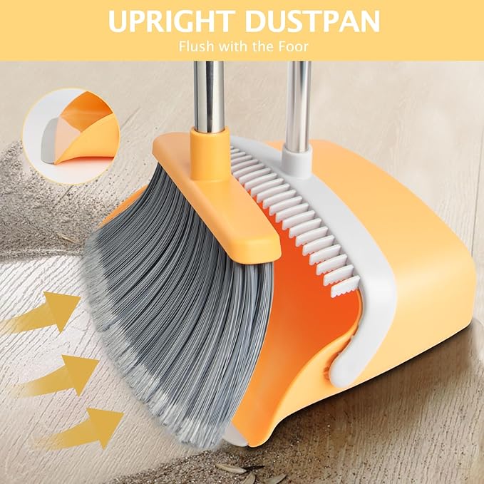 XXFLOWER Broom and Dustpan Set, Dustpans with Broom Combo for Home, Heavy Dust Dustpan and Broom Combo, Long Handle Dust Pan and Broom Set for Kitchen, Office, Pet Hair(Gray Yellow)