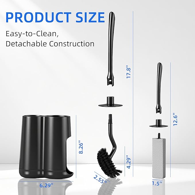 LZLOOK Toilet Brush and Holder Set with Pumice Stone – Long Handle Toilet Bowl Brush, Anti-Splash Scrubber, Ventilated Drip-Free Base, Deep Cleaner for Hard Water Stains, Limescale, Toilet Rings