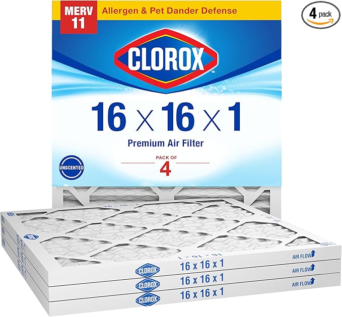 Clorox 16x16x1 Air Filter, MERV 11 Pleated HVAC AC Furnace Air Filters, MPR 1000 & FPR 7 – Pack of 4