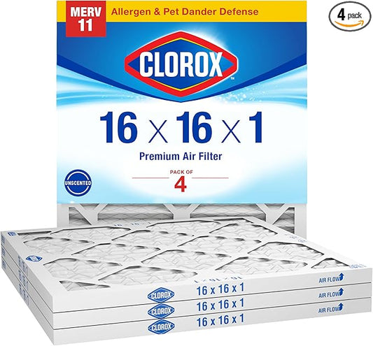 Clorox 16x16x1 Air Filter, MERV 11 Pleated HVAC AC Furnace Air Filters, MPR 1000 & FPR 7 – Pack of 4