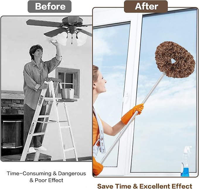 Heonay Ceiling Fan Cleaner Duster Reusable Microfiber Ceiling Fan Blade Cleaner Removable Duster with Extension Pole Adjusts 13 to 49.7 Inch for Cleaning Walls Furniture Door Window Top (Beige Brown)