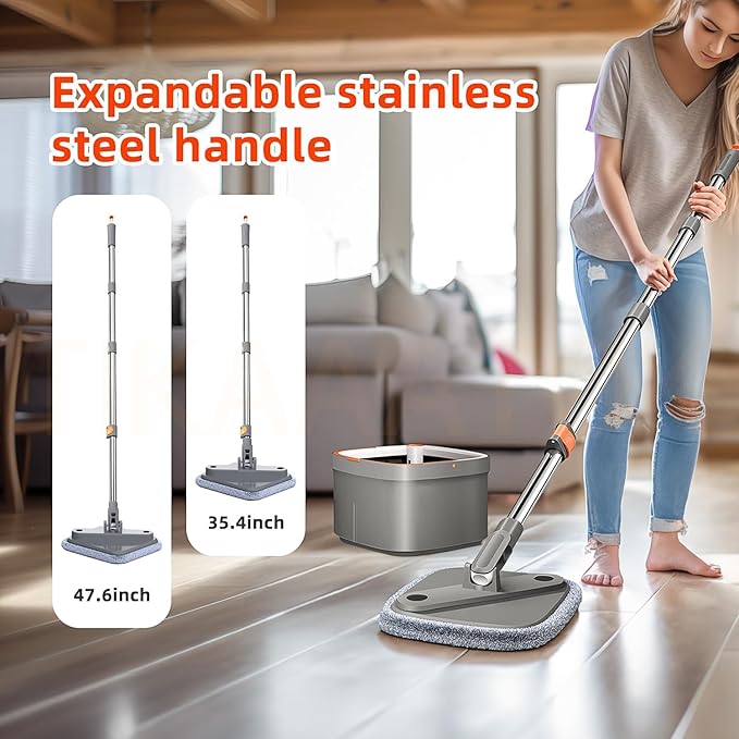 KZKR Spin Mop and Bucket Set with 8 Replaceable Microfiber Mop Pads with Self Separation Dirty and Clean Water System, Self Wringing 360° Rotating Square Mop Head for Hardwood Tile Marble Floors