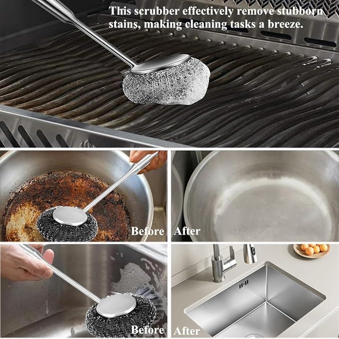 6Pcs Steel Wool Scrubber with Long Handle - Stainless Steel Scrub Brush Set for Scouring Stubborn Messes from Cast Iron, Pots, Pans, Grill, Sink (1 Scrubber + 4 Pads + 1 Screwdriver)