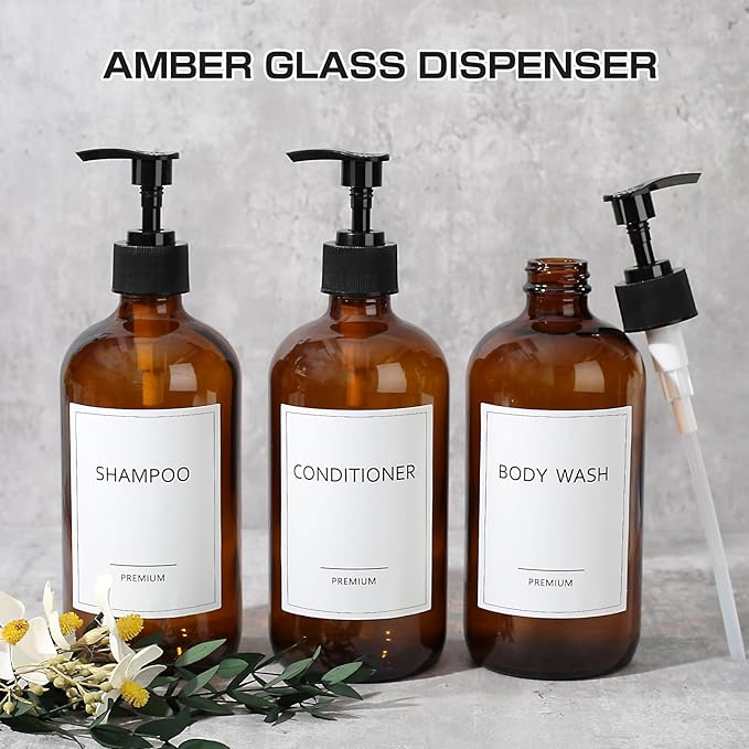 GMISUN Glass Shampoo and Conditioner Dispenser, Shower Soap Dispenser Bottles with Labels, Refillable Shampoo Conditioner Body Wash Dispensers, Amber Glass Soap Pump Dispenser Set for Bathroom Shower