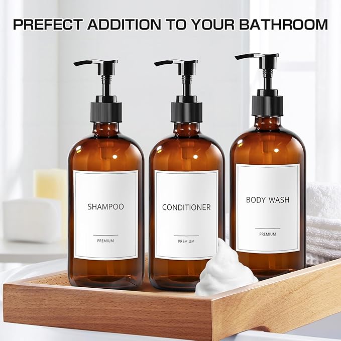GMISUN Glass Shampoo and Conditioner Dispenser, Shower Soap Dispenser Bottles with Labels, Refillable Shampoo Conditioner Body Wash Dispensers, Amber Glass Soap Pump Dispenser Set for Bathroom Shower