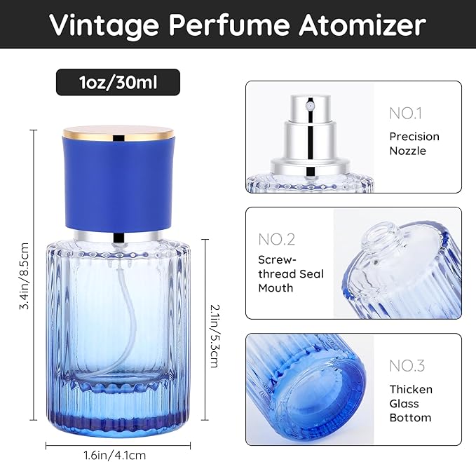 Segbeauty 1oz Glass Perfume Atomizer Empty 2Pack of 1pcs Blue Mini Perfume Bottle Refillable, 1pcs 30ml Black Cologne Travel Bottle, Portable Cologne Sprayer with Travel Refill Tools, Sample Bottles