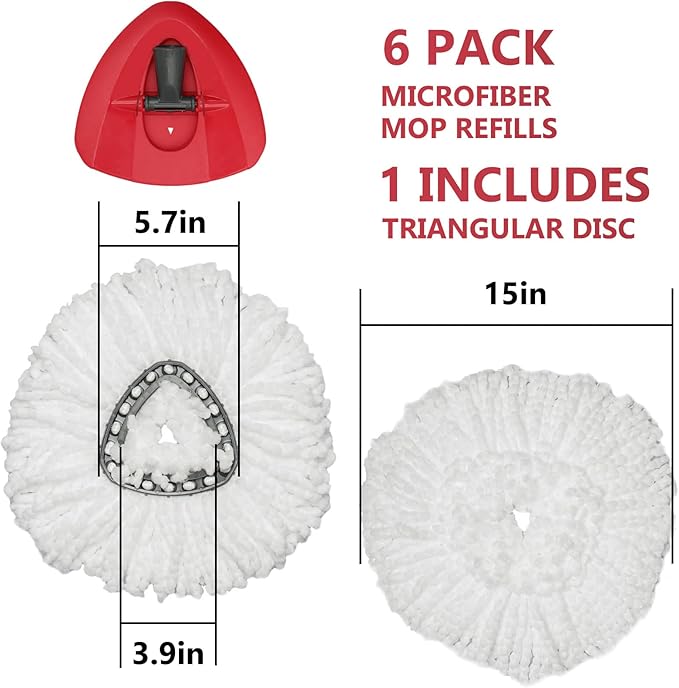 Spin Mop Replacement Head - 6 Pack EasyWring Mop Refills with Base Compatible with O-Cedar Triangle Spin Mop, Microfiber Mop Replace Head Easy Cleaning Floor Head Mop for Floor Cleaning