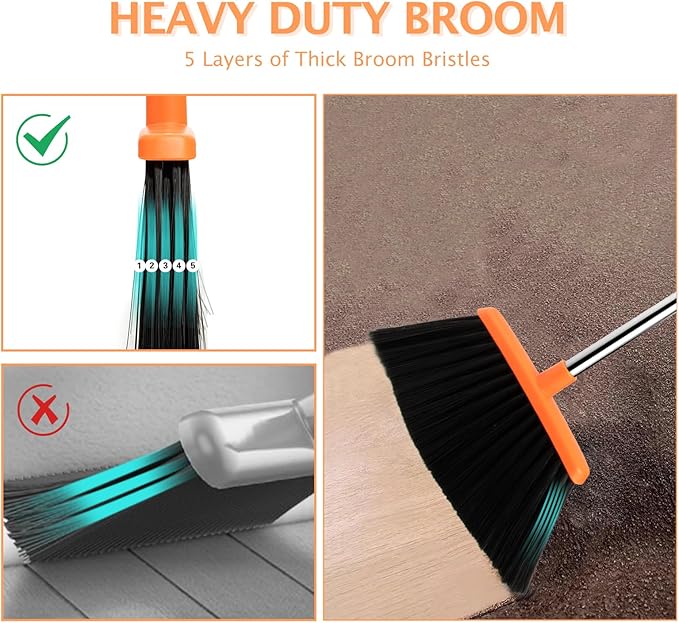 XXFLOWER 2-Pack Broom and Dustpan Set with Long Handle, Heavy Dust Broom and Dustpan Combo for Home，Kitchen, Office, Pet Hair (Brown Orange)