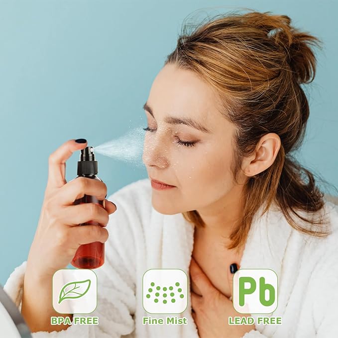 60Pcs 4oz Amber Plastic Spray Bottles, Small Empty Fine Mist Spray Bottle, Refillable Liquid Containers with Labels for Travel Perfume Essential Oil Skin Care Cleaning