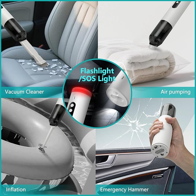 Mini Car Vacuum, 5 in 1 Cordless Handheld Vacuum Cleaner 16800Pa Suction Power, Type-C Charge & LED display, Multi-Nozzles, Blowing & Inflating Lighting Modes Portable Vacuum for Car Office Pet Home
