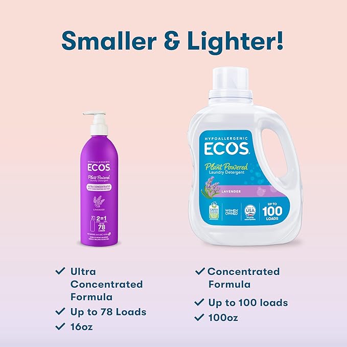 ECOS Ultra Concentrated Liquid Laundry Detergent, Sustainable Aluminum Bottle, Up to 78 Washer Loads - Hypoallergenic Laundry Soap - High Efficiency & Standard Machine Washing - Lavender, 16 Fl Oz